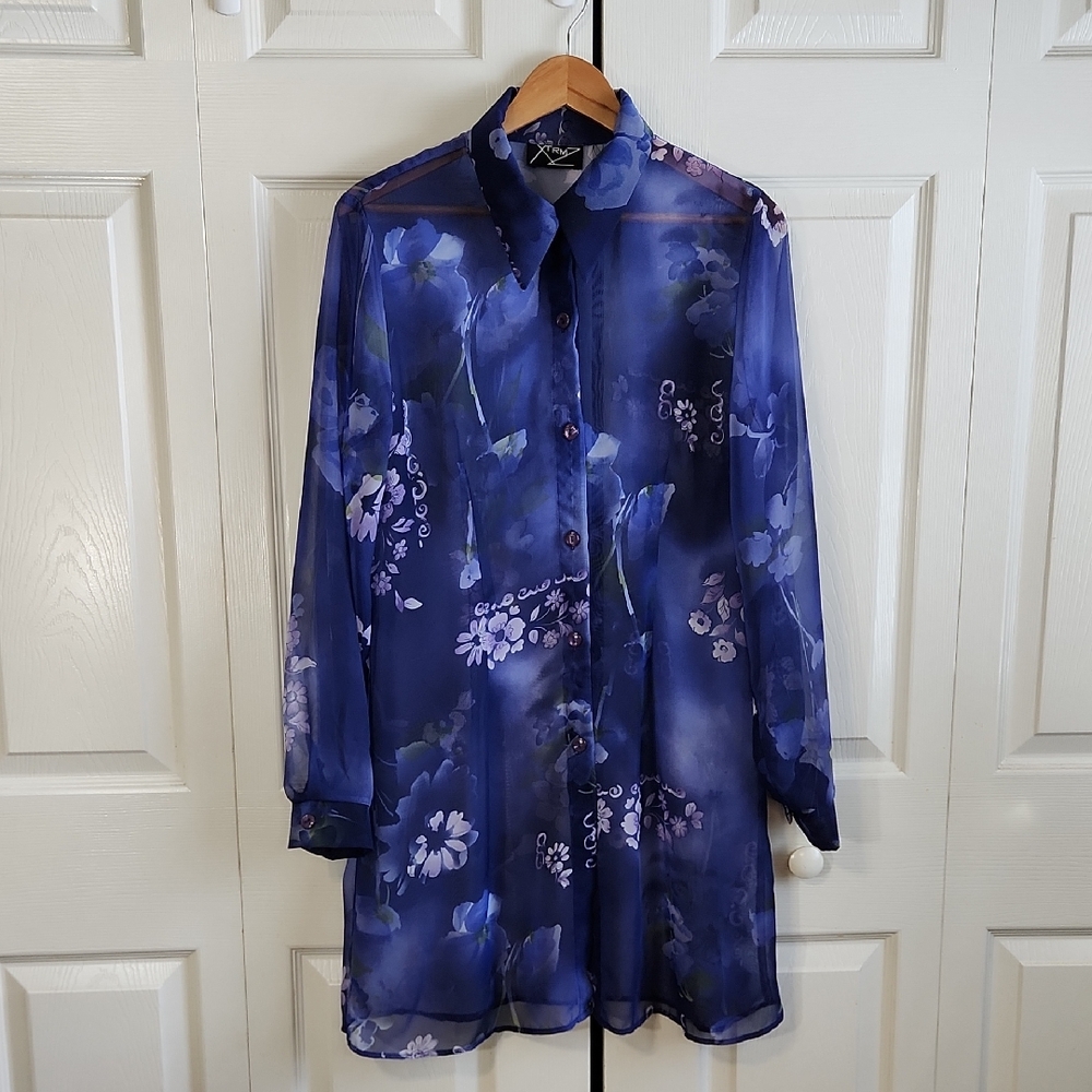 Vintage XTRMZ‎ Blue Floral Kimono Sheer Button Up Blouse SZ Med Dark Cottagecore